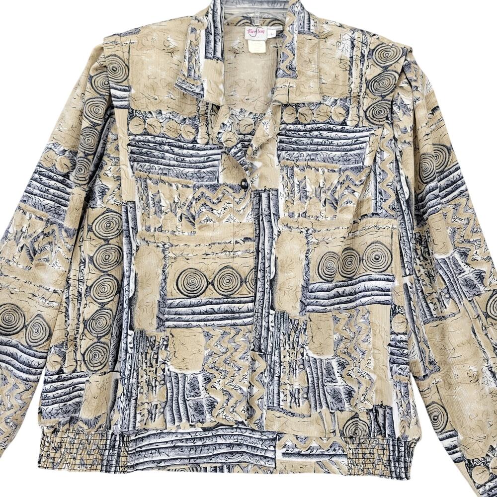 Tan F Jay Tan Printed Shirt Blouse Shoulder Pads Button Up Long Sleeves Womens L